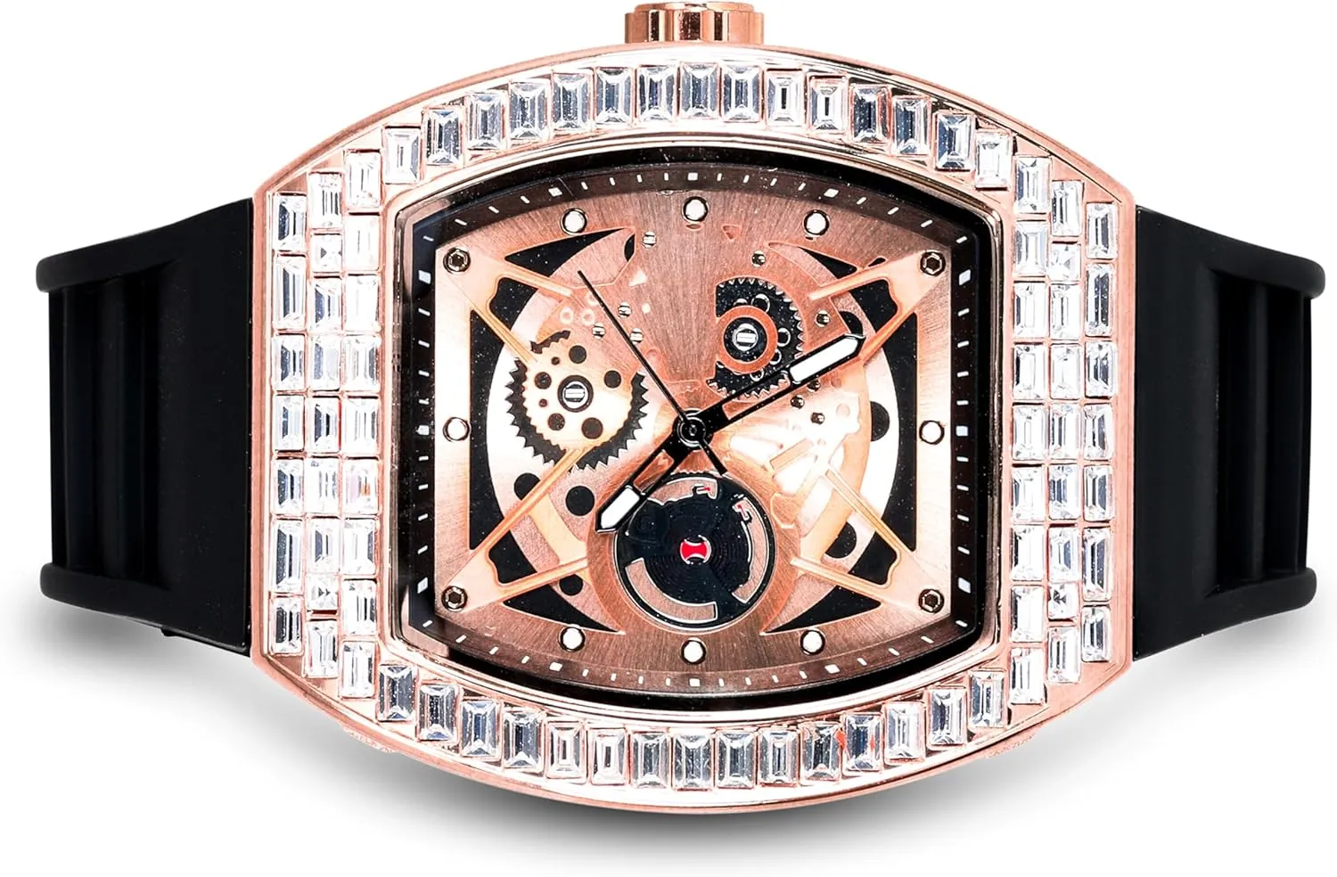 Men's 40mm Iced Out Tonneau Shape Silicone Band Watch Techno hay Pave 