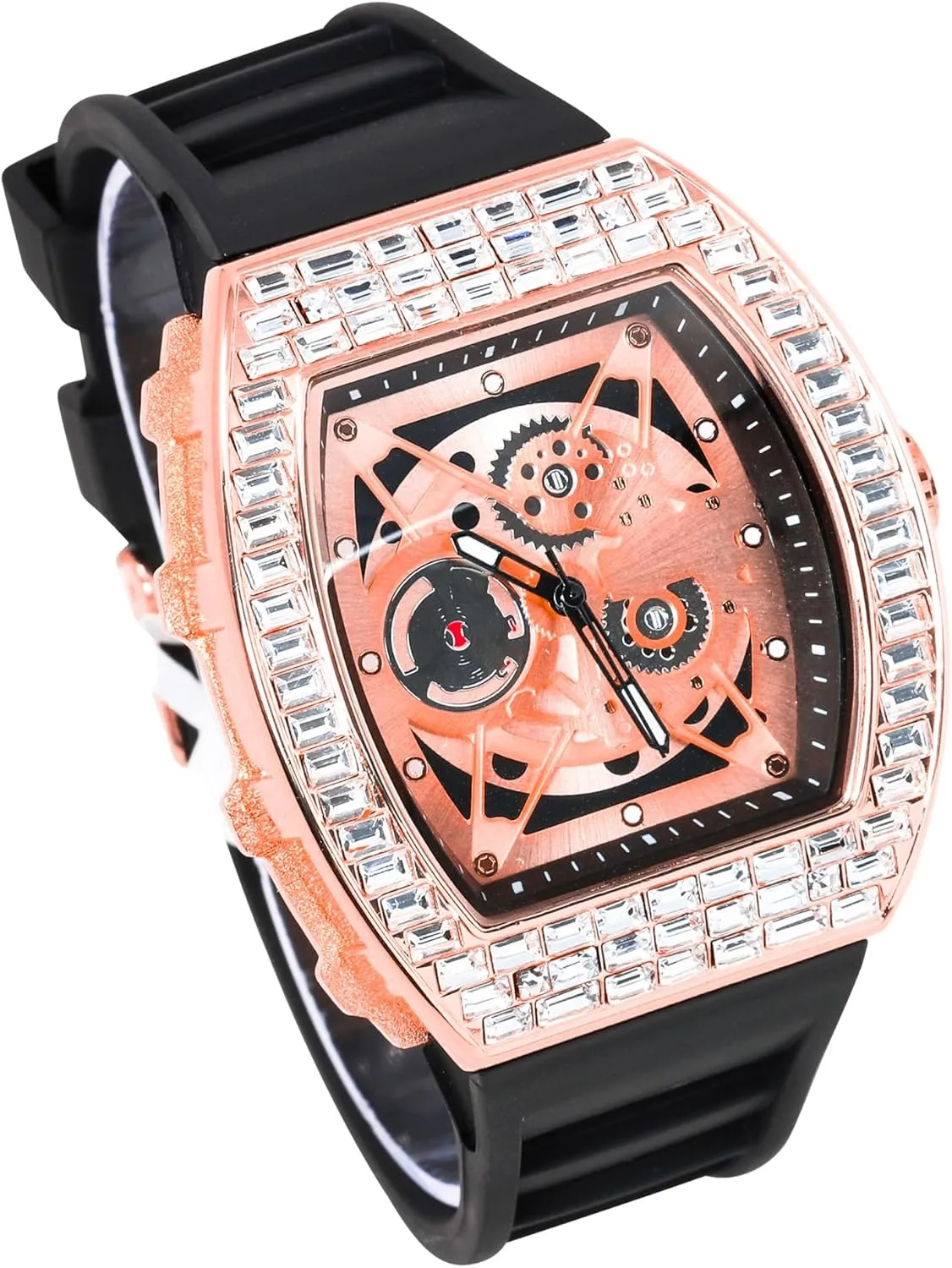 Men's 40mm Iced Out Tonneau Shape Silicone Band Watch Techno hay Pave 