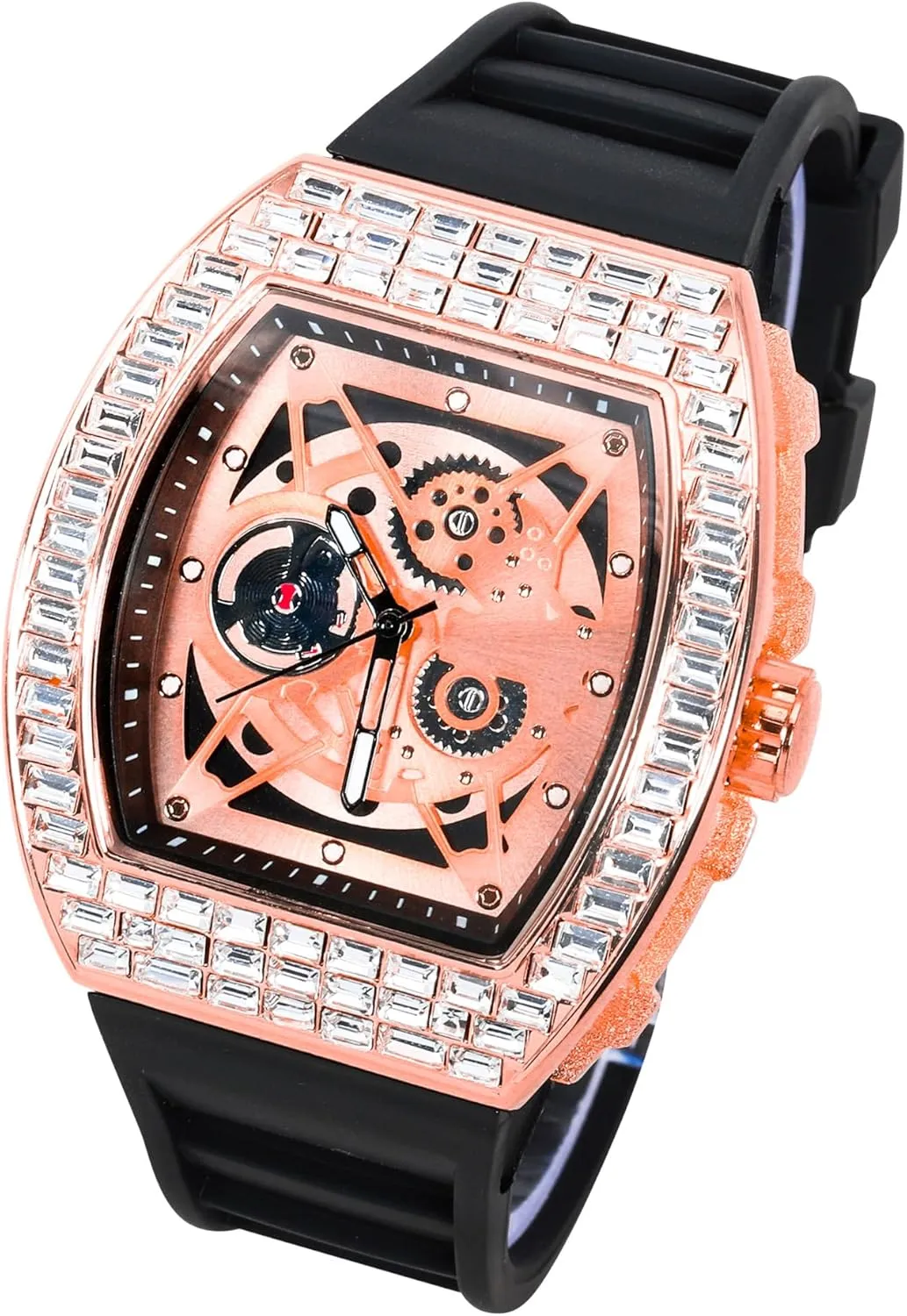 Men's 40mm Iced Out Tonneau Shape Silicone Band Watch Techno hay Pave 
