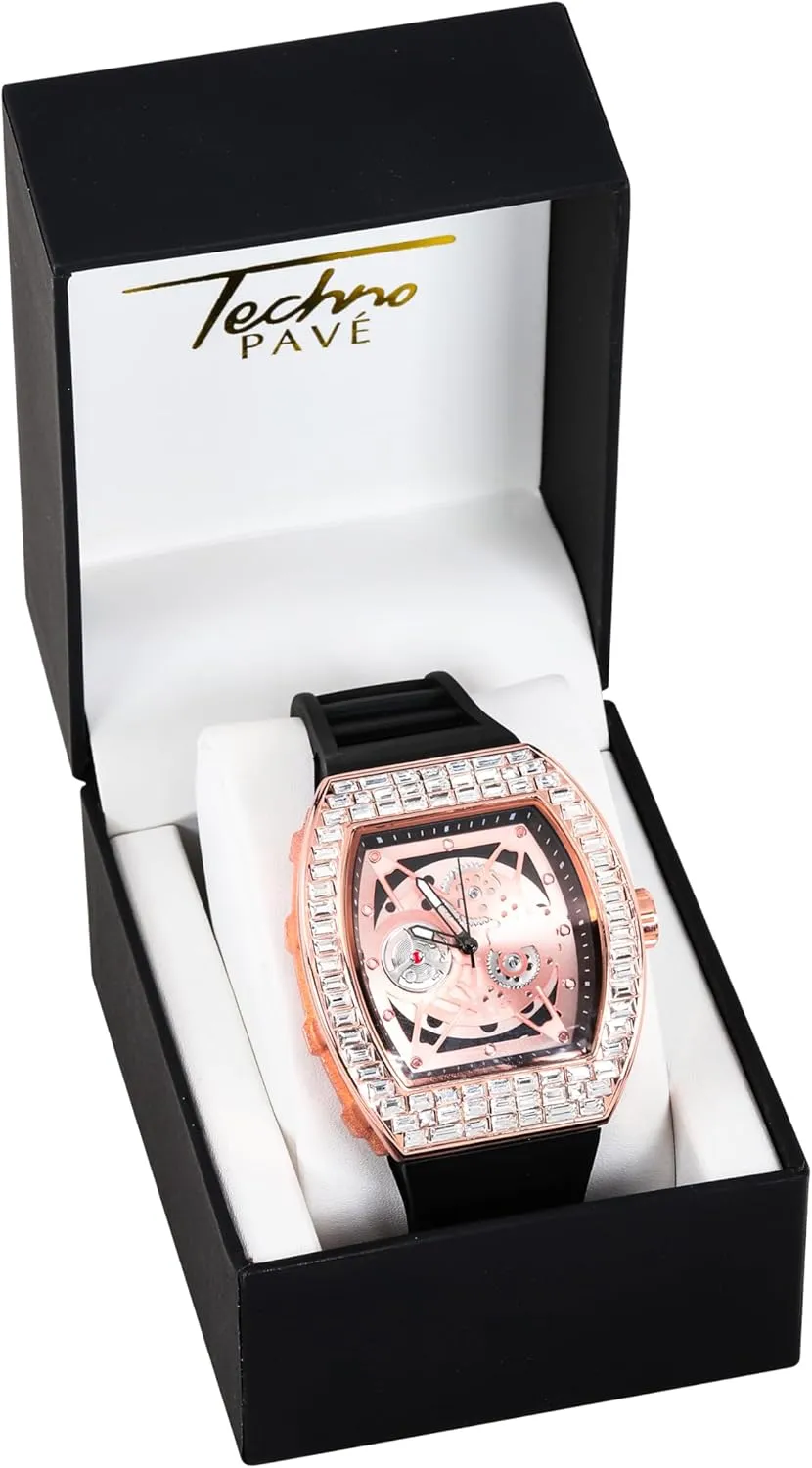 Men's 40mm Iced Out Tonneau Shape Silicone Band Watch Techno hay Pave 
