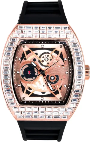 Men's 40mm Iced Out Tonneau Shape Silicone Band Watch Techno hay Pave 