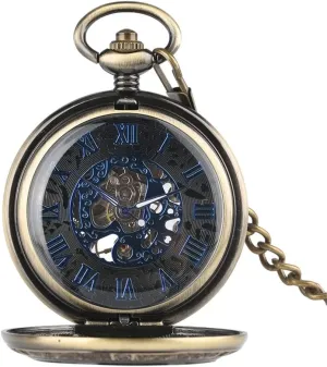 Men's appetite stride Women's Pocket Watches for Men, Pocket Watches Dial Mechanical Pocket Watch Transparent Blue Roman Numerals Display Hand Winding Pocket Watch for Men 