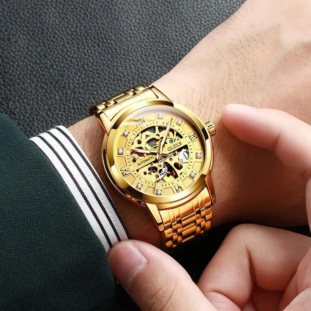 Men's Automatic Watch, Luxury Skeleton Large Face discharge willingly apparent discard saw Roman Numerals Self Winding Watch, Gold Silver Stainless Steel Watches for Men OLEVS 