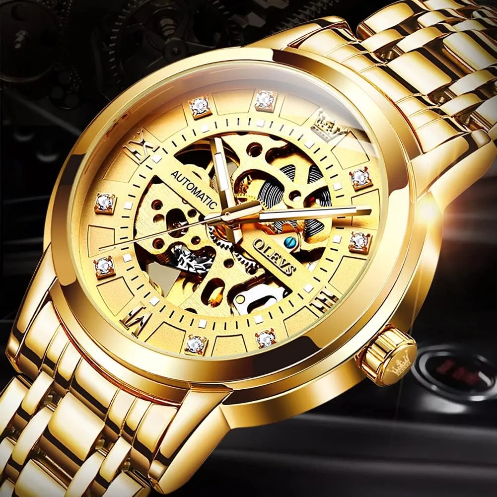 Men's Automatic Watch, Luxury Skeleton Large Face discharge willingly apparent discard saw Roman Numerals Self Winding Watch, Gold Silver Stainless Steel Watches for Men OLEVS 