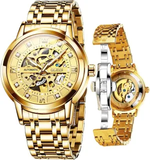 Men's Automatic Watch, Luxury Skeleton Large Face discharge willingly apparent discard saw Roman Numerals Self Winding Watch, Gold Silver Stainless Steel Watches for Men OLEVS 