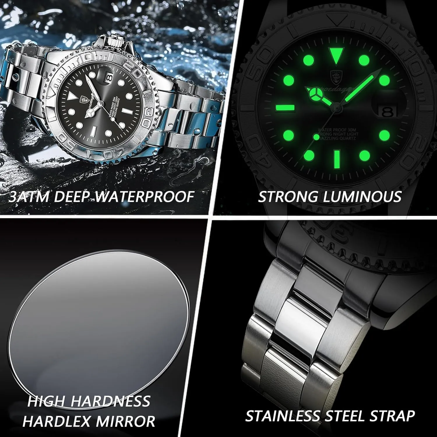 Men's Clock Sport Waterproof Glow-in-The Dark Date Stainless Steel Men's hybrid calculation flap Watch Men's Luxury Watch Business Quartz 