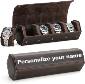 Mens Gift for Him, Groomsmen, Dad, Husband Personalized Watch Travel Case for Men Full Grain Leather 4 Slot Hexagon Watch Roll Custom careful Laser Engraved Embossed Watch Box 