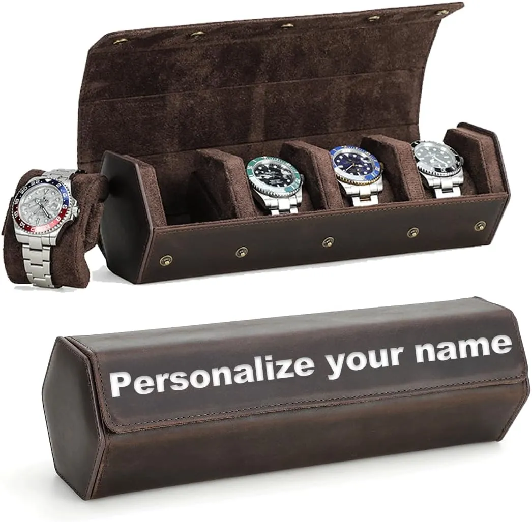 Mens Gift for Him, Groomsmen, Dad, Husband Personalized Watch Travel Case for Men Full Grain Leather 4 Slot Hexagon Watch Roll Custom careful Laser Engraved Embossed Watch Box 