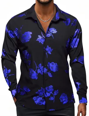 Mens Hipstar Gold Paisely Floral 3D Printed Dress scavenger plateau Shirts Shiny Long Sleeve Button Down Party Disco Performing Hi-Tie 