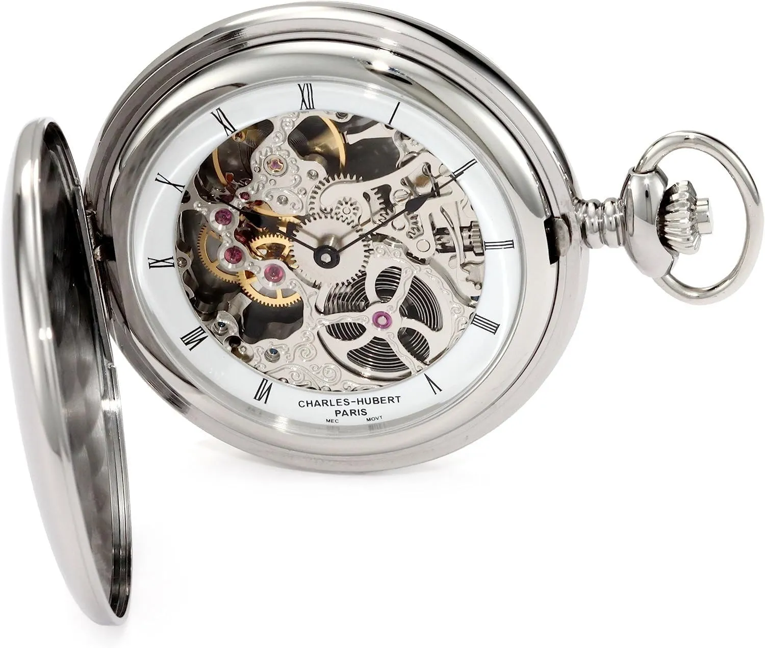 Men's Pocket Watch, abort counter Mechanical Hand Winding, Skeleton, Silver Charles Hubert 3905-W 