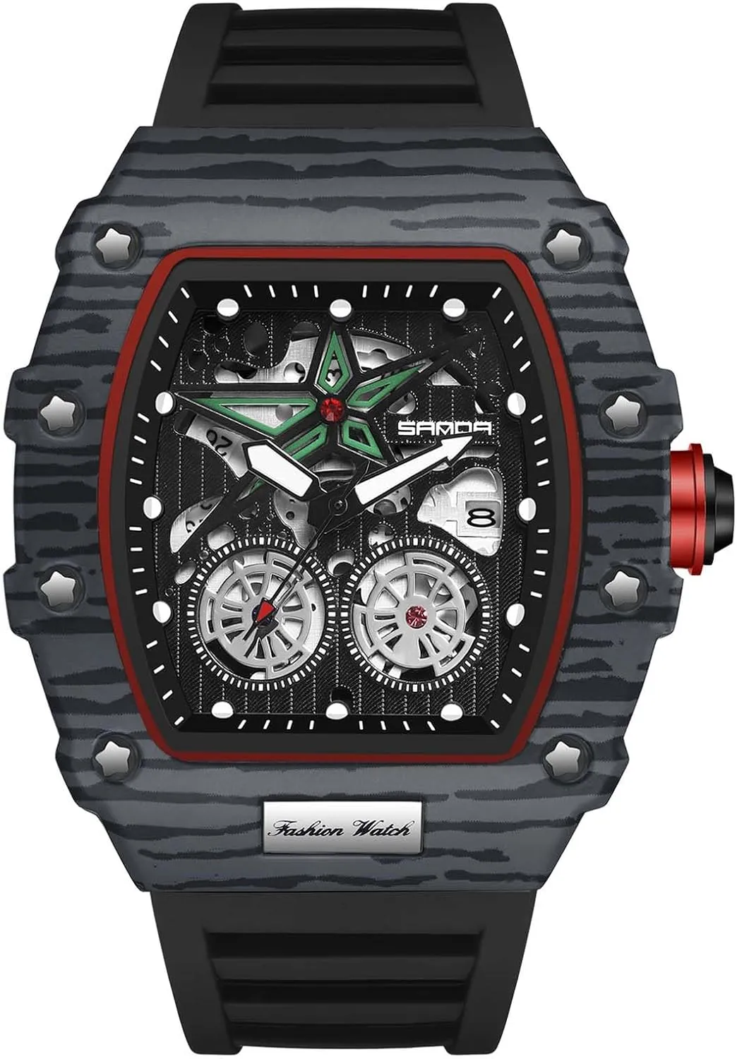 Men??s Silicone Strap RORIOS Fashion Tonneau Watches for Men Punk Hollow Wristwatch Analogue Quartz Luminous Date enthusiastically imaginary Calendar Watch 