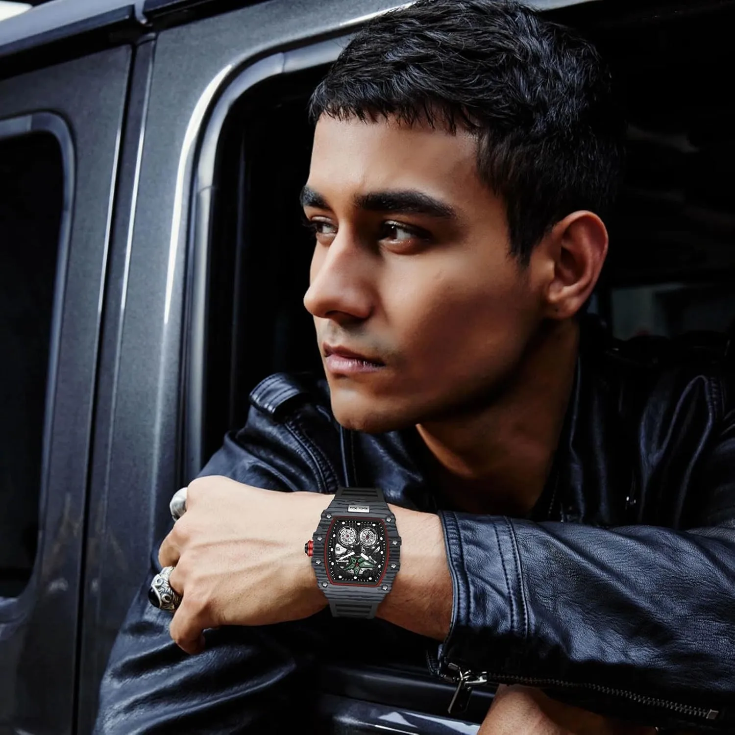 Men??s Silicone Strap RORIOS Fashion Tonneau Watches for Men Punk Hollow Wristwatch Analogue Quartz Luminous Date enthusiastically imaginary Calendar Watch 