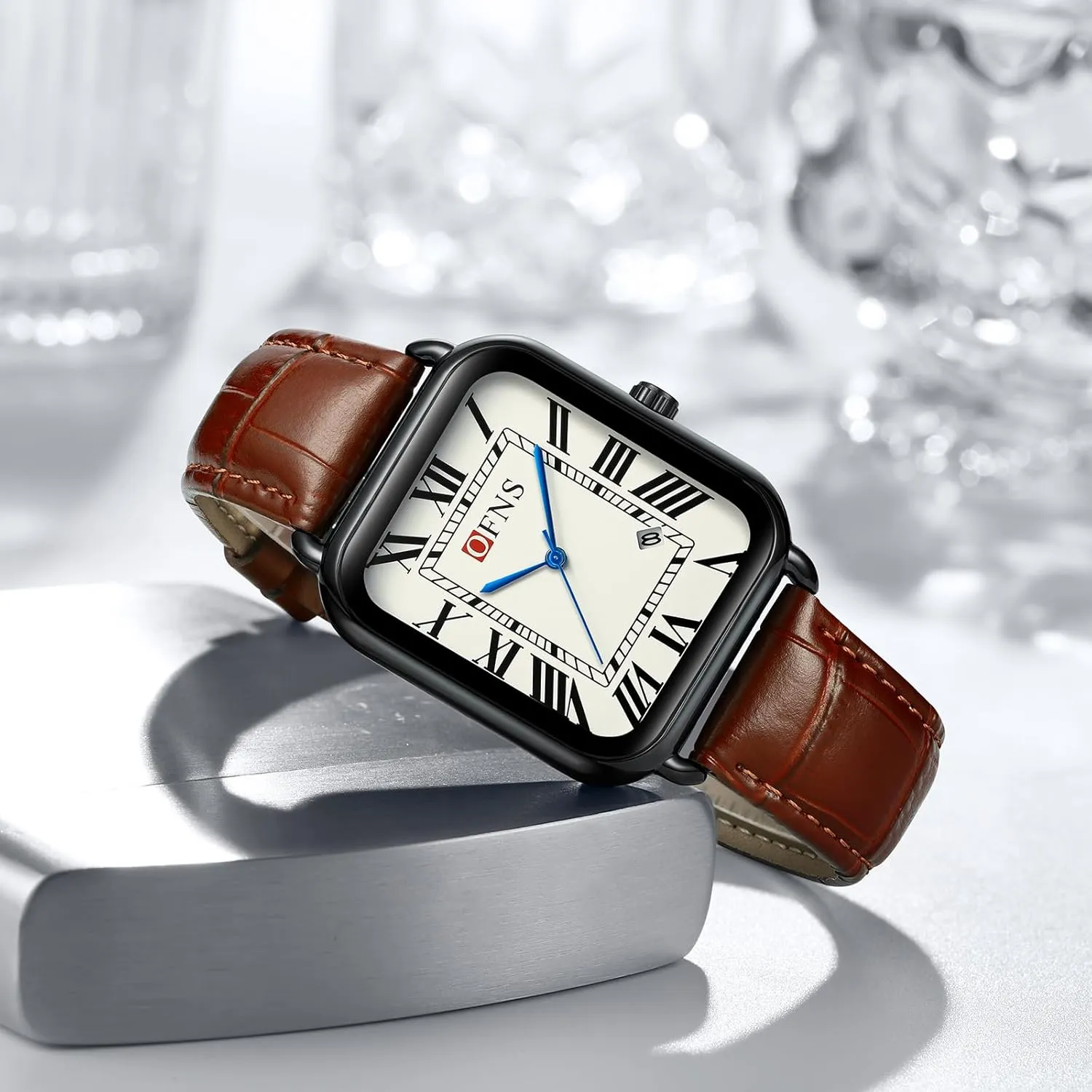 Mens Vintage Dainty Rectangle Square Leather Strap Simple mere Full Roman Numerals Dial Quartz Watch Gold Silver Tone Case Business Fashion Dress Wristwatch CARLIEN 