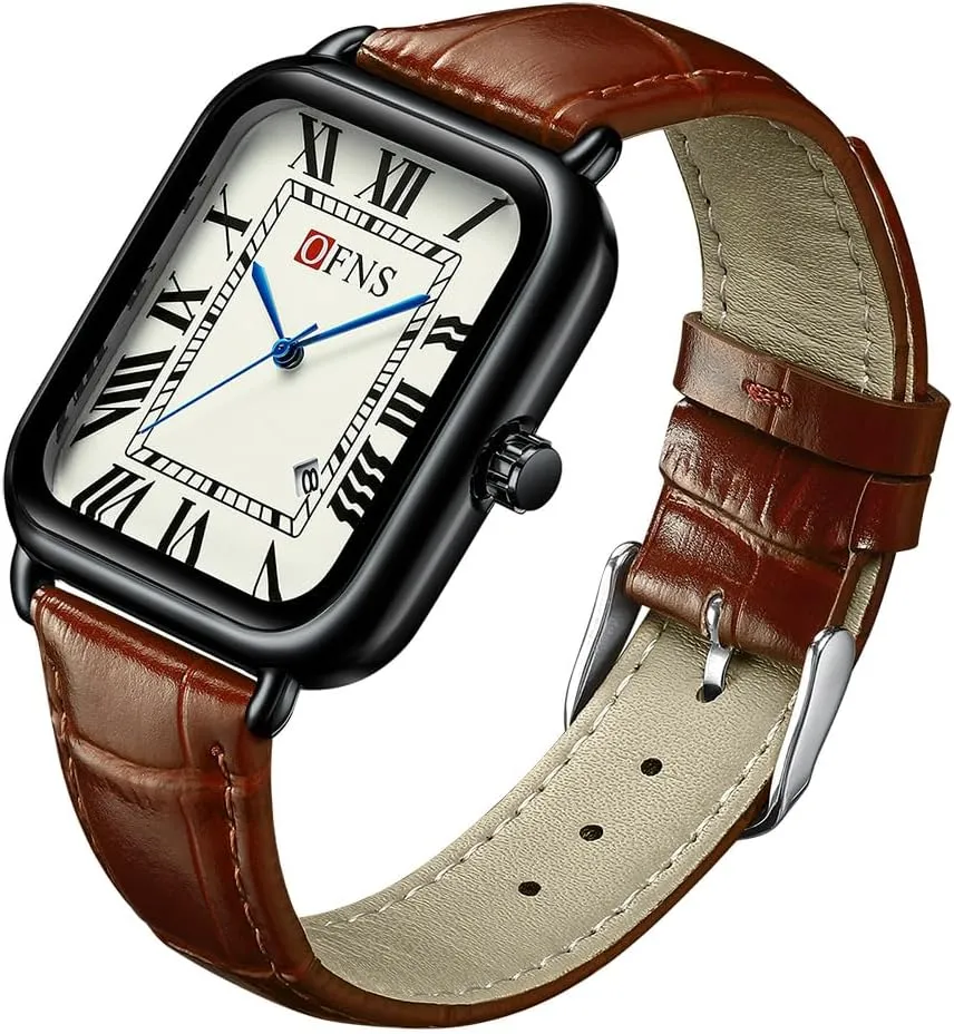 Mens Vintage Dainty Rectangle Square Leather Strap Simple mere Full Roman Numerals Dial Quartz Watch Gold Silver Tone Case Business Fashion Dress Wristwatch CARLIEN 