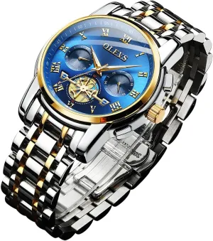 Mens Watches Fashion Casual Analog Quartz Watch Waterproof Dress Wrist Watches with Stainless Steel Band Day Window for Men saddle beloved provincialism company workshop (Band with Gold Blue dial) OLEVS 