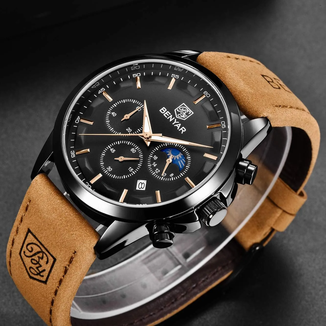 Men's wristwatches Multifunctional Chronograph with dial Date invitation part-time Display Business Casual BENYAR AKINGHT Men's Watch Quartz Movement Watches for Men 3ATM Waterproof 