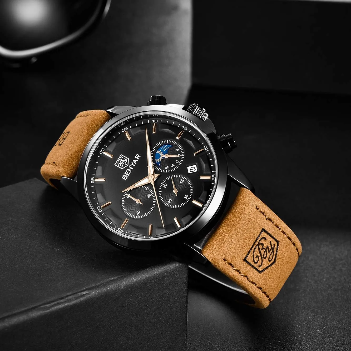 Men's wristwatches Multifunctional Chronograph with dial Date invitation part-time Display Business Casual BENYAR AKINGHT Men's Watch Quartz Movement Watches for Men 3ATM Waterproof 