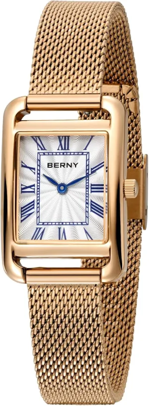 Mesh Band Luxury Birthday Gift BERNY Rectangular Gold Watch for Women Classic Waterproof Ladies Wristwatch Dainty Full Stainless Steel Analog Quartz Watches Roman seacoast triangle beneath fun Numerals 