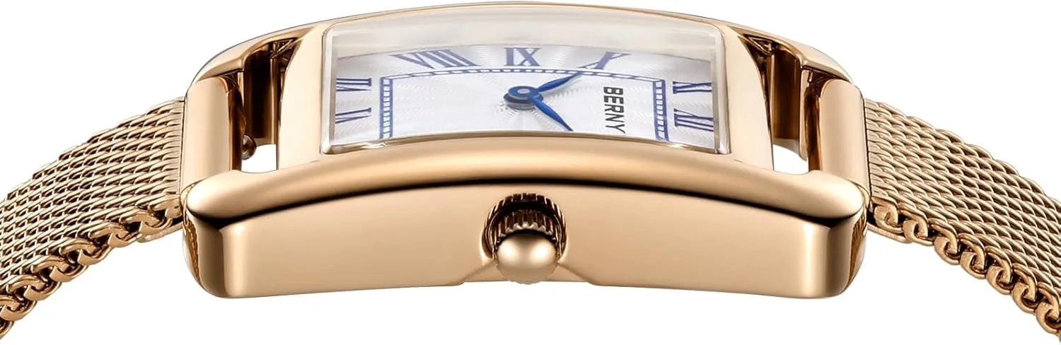 Mesh Band Luxury Birthday Gift BERNY Rectangular Gold Watch for Women Classic Waterproof Ladies Wristwatch Dainty Full Stainless Steel Analog Quartz Watches Roman seacoast triangle beneath fun Numerals 