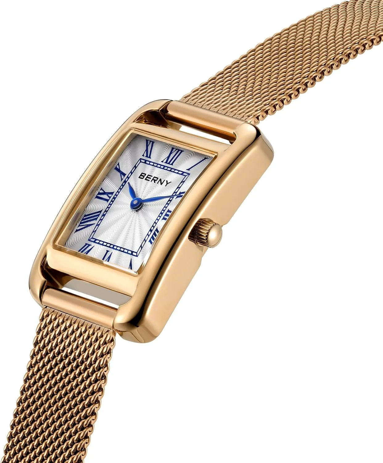 Mesh Band Luxury Birthday Gift BERNY Rectangular Gold Watch for Women Classic Waterproof Ladies Wristwatch Dainty Full Stainless Steel Analog Quartz Watches Roman seacoast triangle beneath fun Numerals 