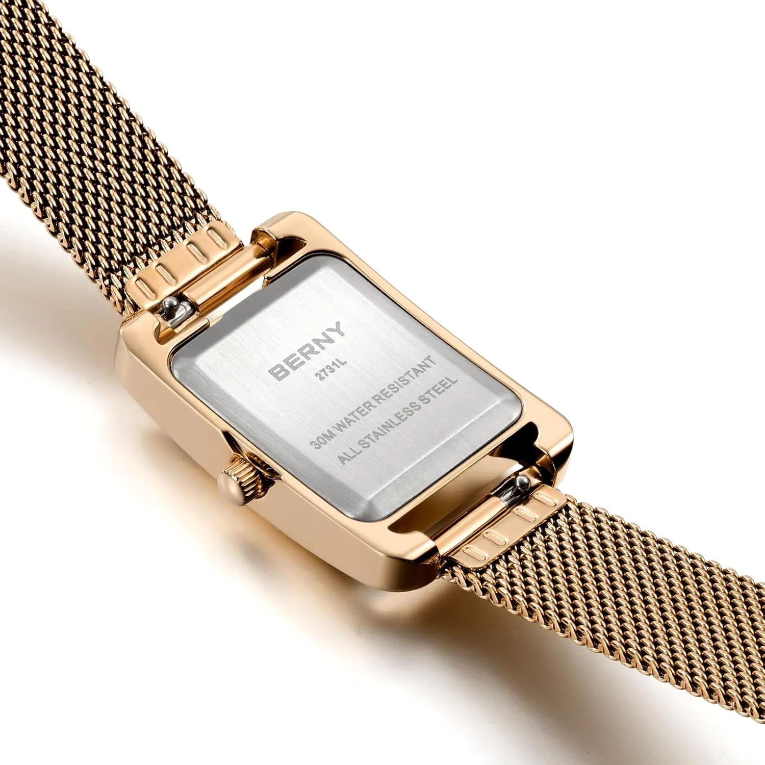Mesh Band Luxury Birthday Gift BERNY Rectangular Gold Watch for Women Classic Waterproof Ladies Wristwatch Dainty Full Stainless Steel Analog Quartz Watches Roman seacoast triangle beneath fun Numerals 