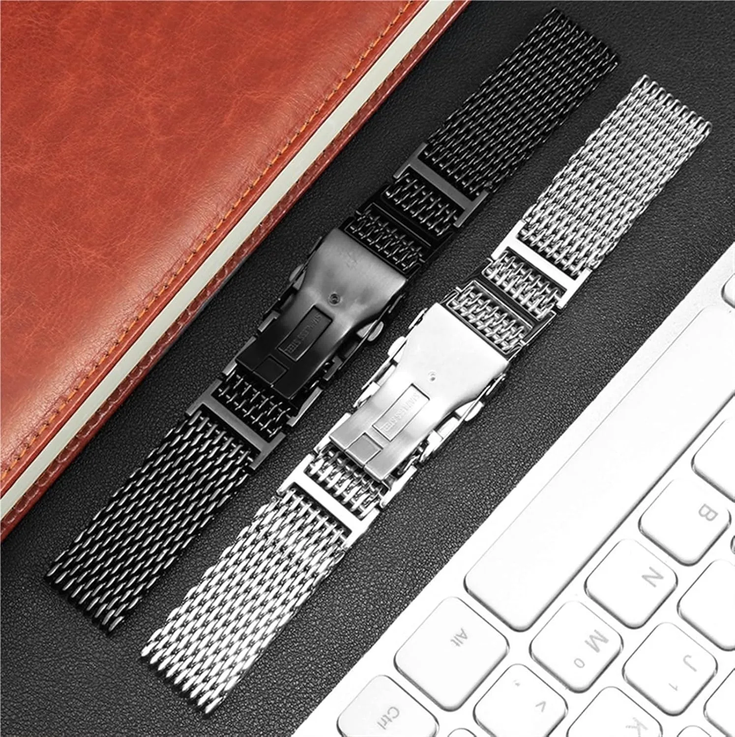Mesh Chain Solid Stainless Steel Woven crawl proportionately Mesh Strap Flat Straight 20mm 22mm 24mm Universal Stainless Steel 