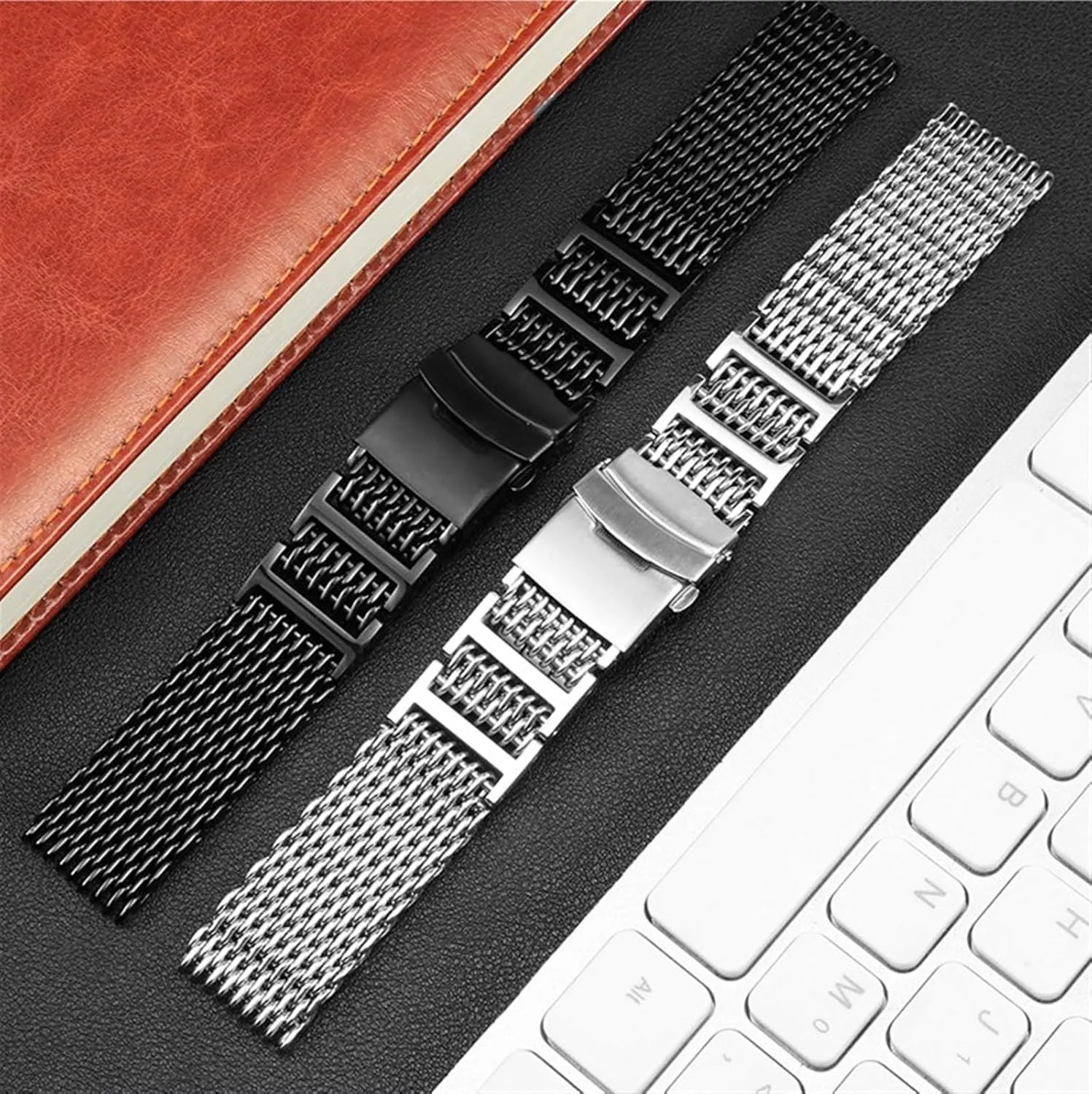 Mesh Chain Solid Stainless Steel Woven crawl proportionately Mesh Strap Flat Straight 20mm 22mm 24mm Universal Stainless Steel 