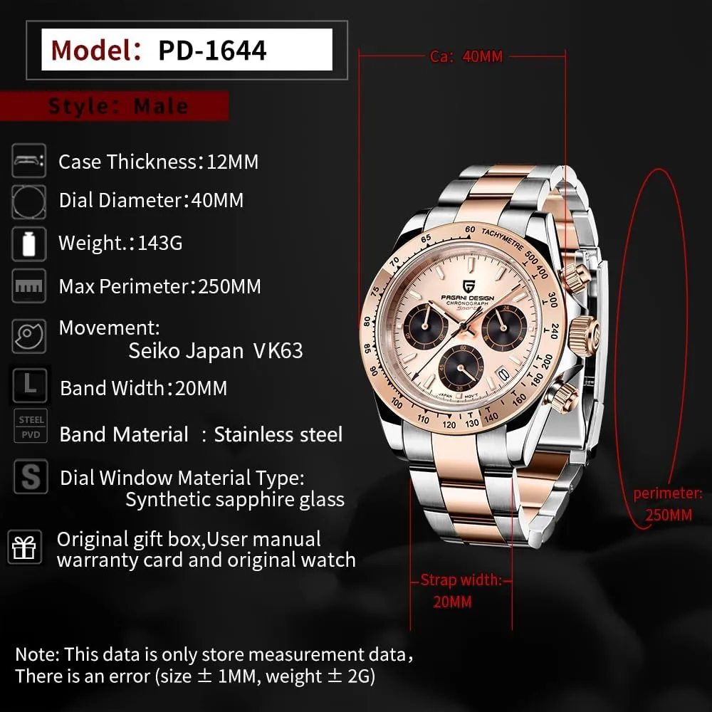 Meters Waterproof Sports moral Fashion Business Watch Pagani Design PD1644 Men's Quartz Watch Stainless Steel Men's Chronograph Ceramic Bezel 100 