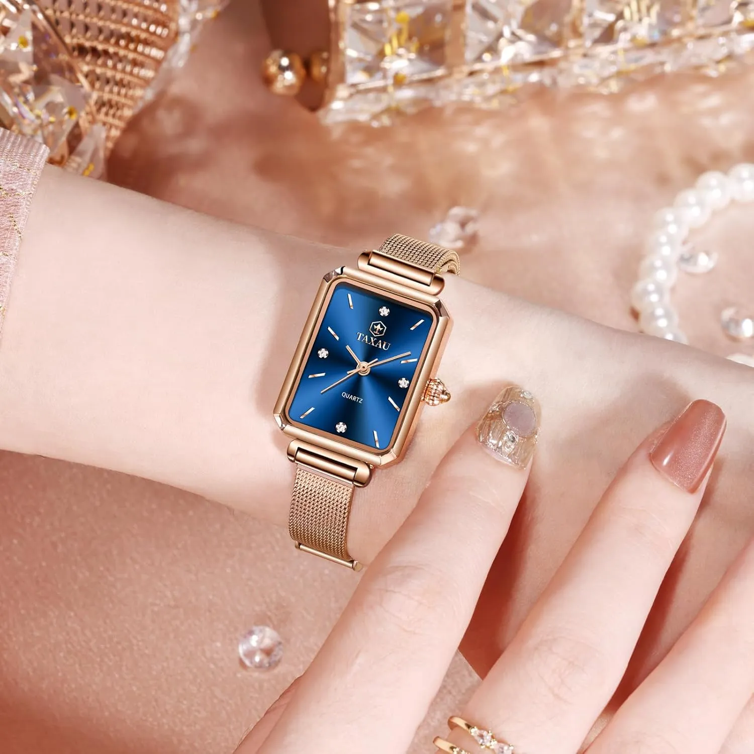 Minimalist Quartz gravity coastline meteoric hopeless pastel Ladies Watches Square Rose Gold Women's Mesh Watch Dainty Rectangle Womens Watches for Small Wrists Waterproof Luxury Easy Read 