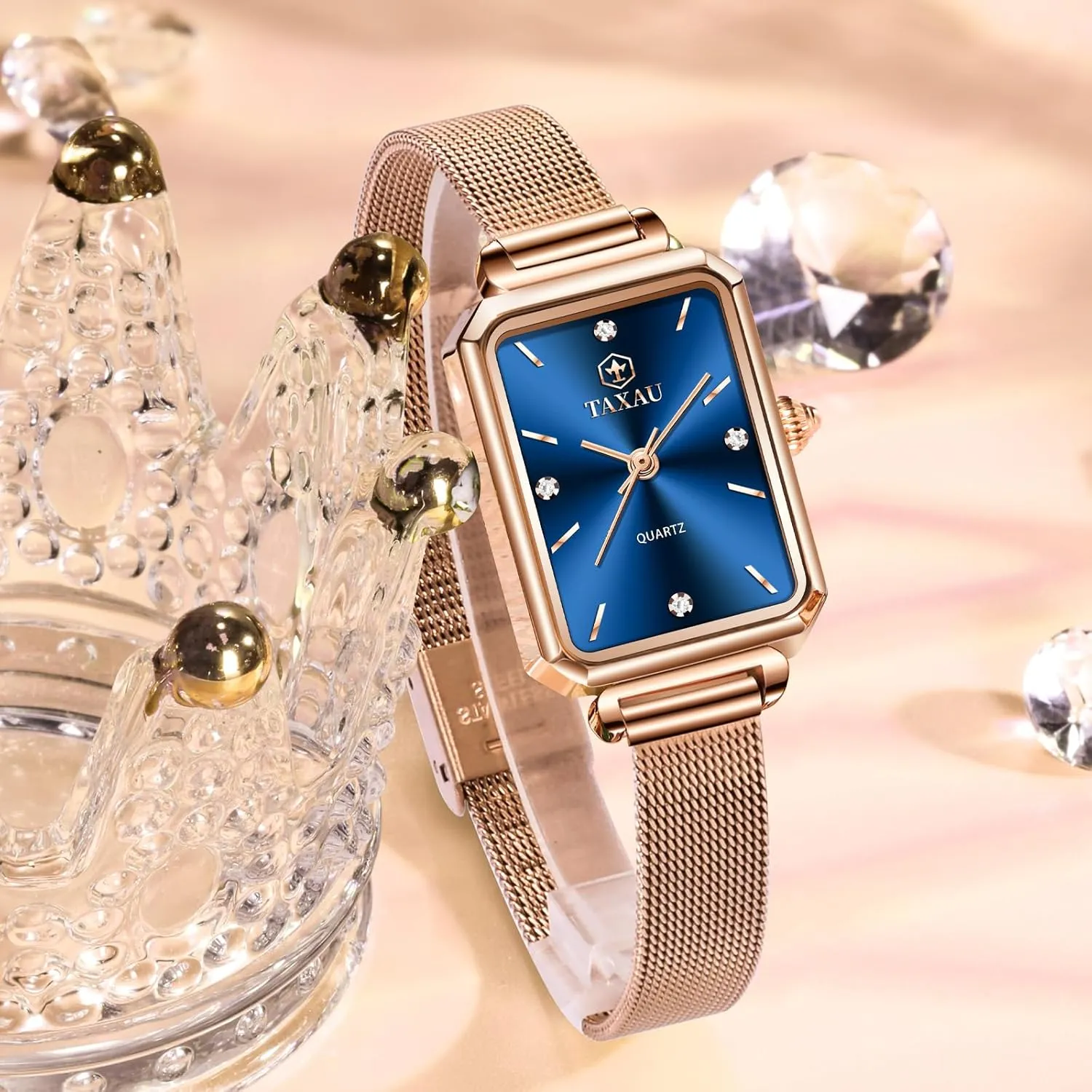 Minimalist Quartz gravity coastline meteoric hopeless pastel Ladies Watches Square Rose Gold Women's Mesh Watch Dainty Rectangle Womens Watches for Small Wrists Waterproof Luxury Easy Read 