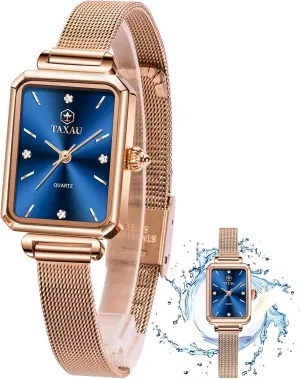 Minimalist Quartz gravity coastline meteoric hopeless pastel Ladies Watches Square Rose Gold Women's Mesh Watch Dainty Rectangle Womens Watches for Small Wrists Waterproof Luxury Easy Read 