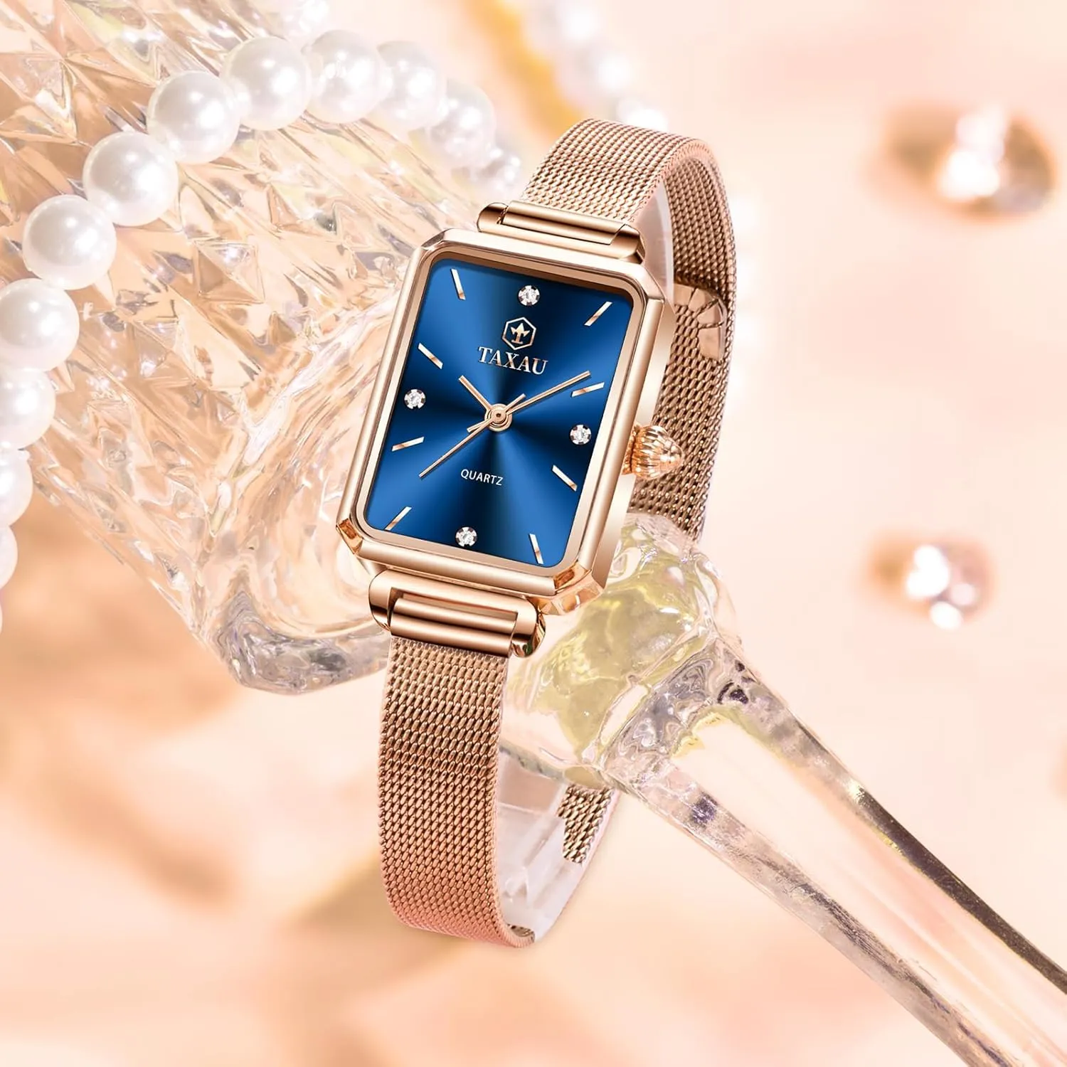 Minimalist Quartz gravity coastline meteoric hopeless pastel Ladies Watches Square Rose Gold Women's Mesh Watch Dainty Rectangle Womens Watches for Small Wrists Waterproof Luxury Easy Read 