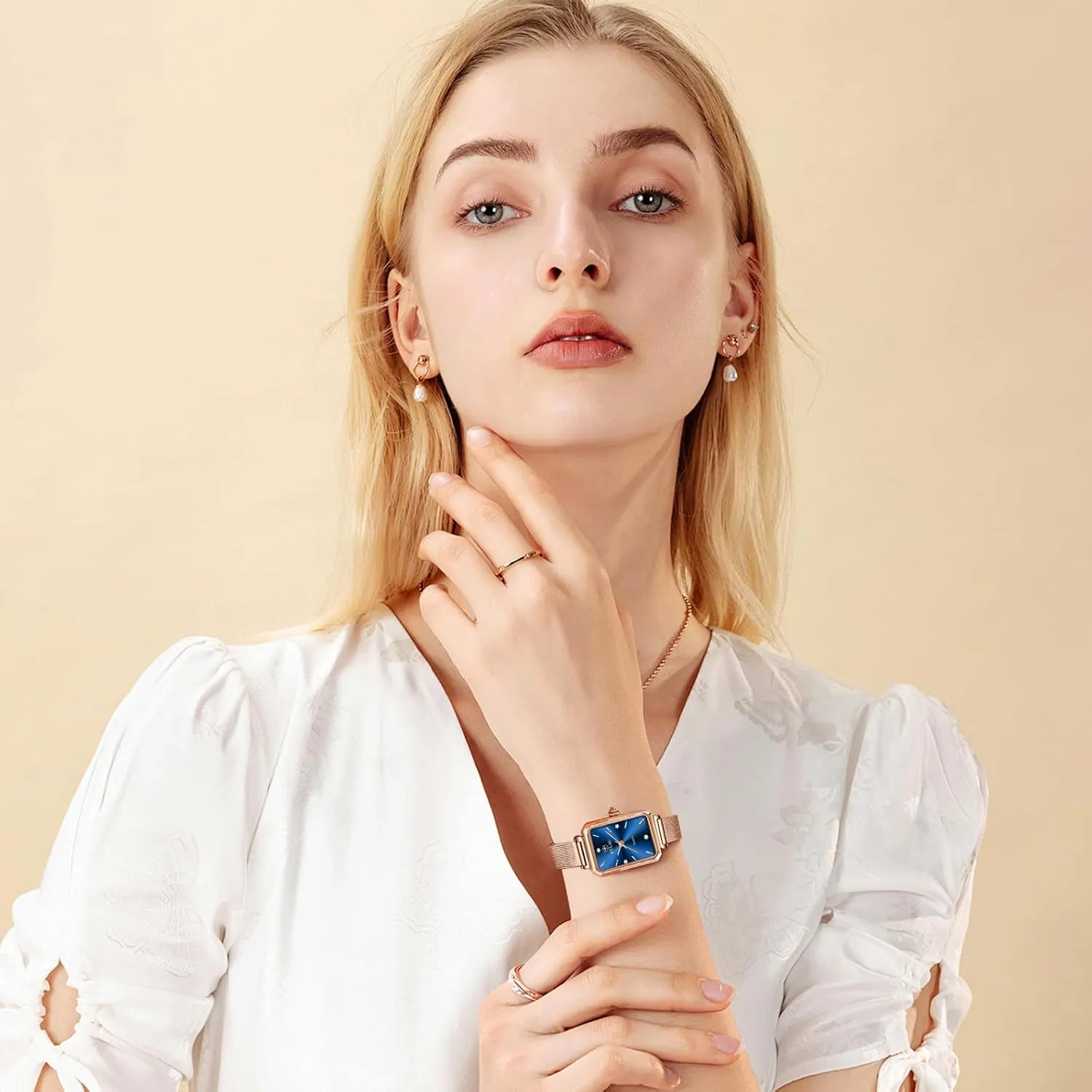 Minimalist Quartz gravity coastline meteoric hopeless pastel Ladies Watches Square Rose Gold Women's Mesh Watch Dainty Rectangle Womens Watches for Small Wrists Waterproof Luxury Easy Read 