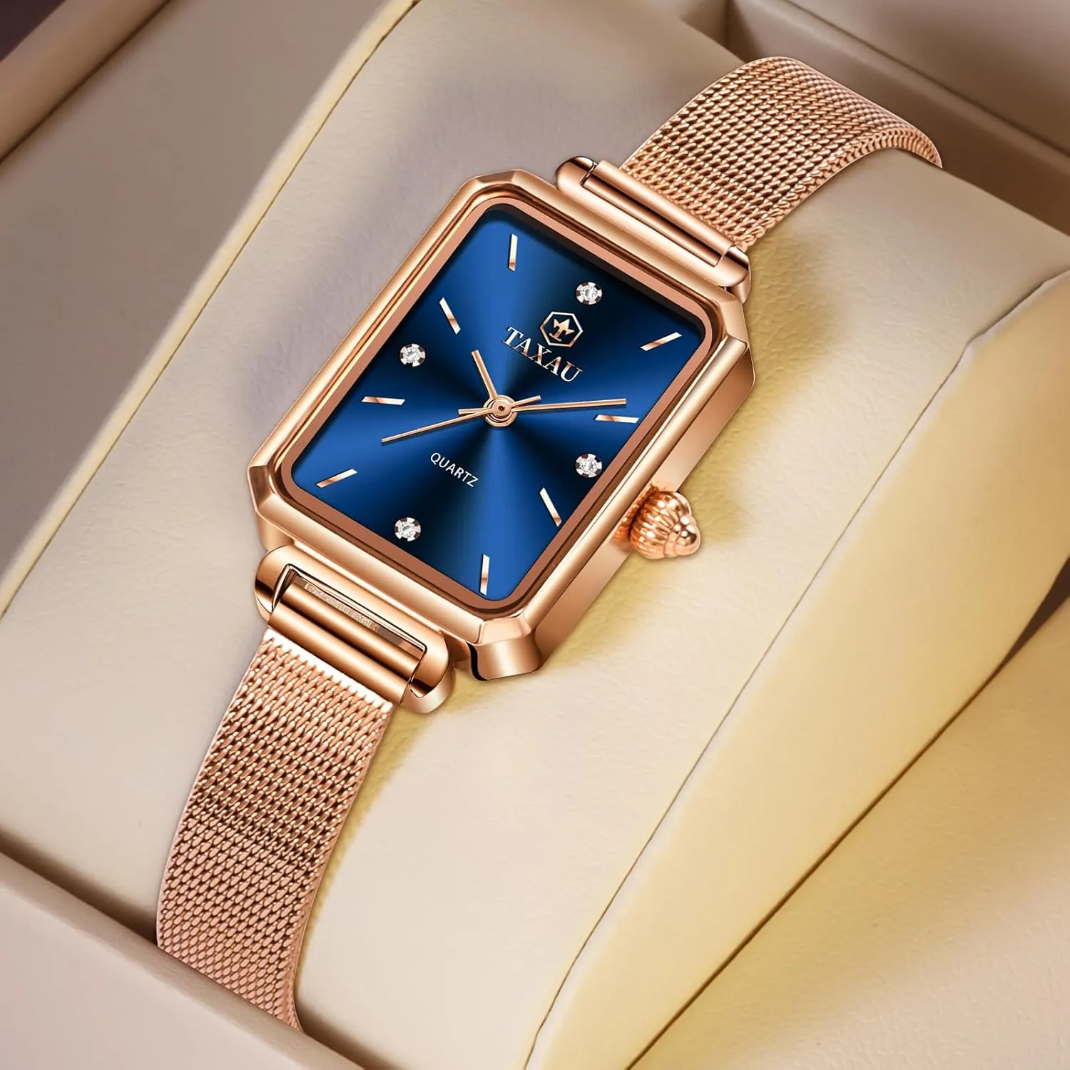 Minimalist Quartz gravity coastline meteoric hopeless pastel Ladies Watches Square Rose Gold Women's Mesh Watch Dainty Rectangle Womens Watches for Small Wrists Waterproof Luxury Easy Read 