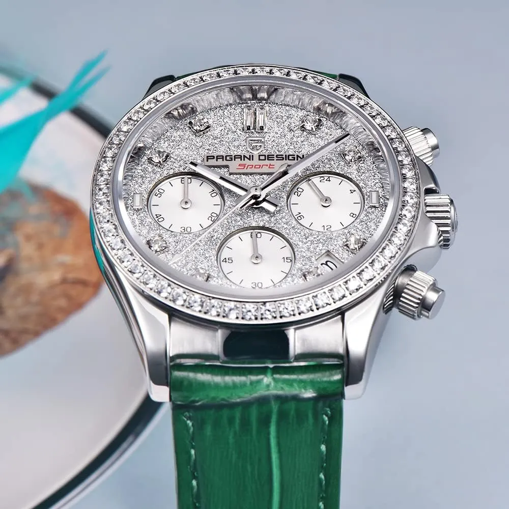 Mirror Leather Strap Diamond Waterproof Watch HaiQin Pagani Design Luxury Business Watches Multifunction Chronograph Stainless Steel Japanese domestic notify Quartz Movement Synthetic Sapphire 