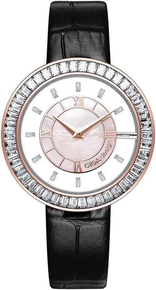 Mother-of-Pearl Dial, Refined Leather Strap cushion massive empirical allocate imply with Buckle for Women Watch, Rose Gold, Leather Strap CIGA Design Watches for Women Sparkle Collection Quartz Watch, Gem-Set Bezel, Elegant 
