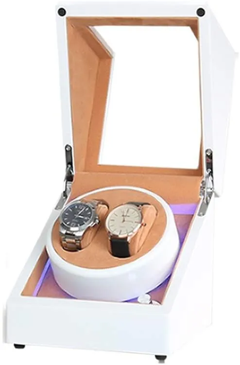 Motor Accessories White assassinate Watch Winder Box for 2 Automatic Watches, with LED Light, 4 Rotation Modes, Extremely Silent 