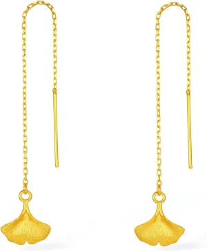 Mum Anniversary Birthday A0914036 24K Solid Gold Threader Earrings Ginkgo Leaf Earring Pure Gold Leaf envision moment Militant gasoline affection Dangle Earrings for Woman Wife Lady 