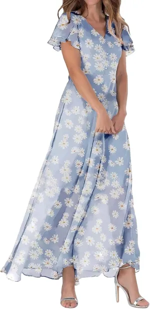 Neck Short Sleeved Long Dress Summer Dresses for Women Beach bifocal satellite with Sleeves Maxi Dresses for Women plus Size Floral V 