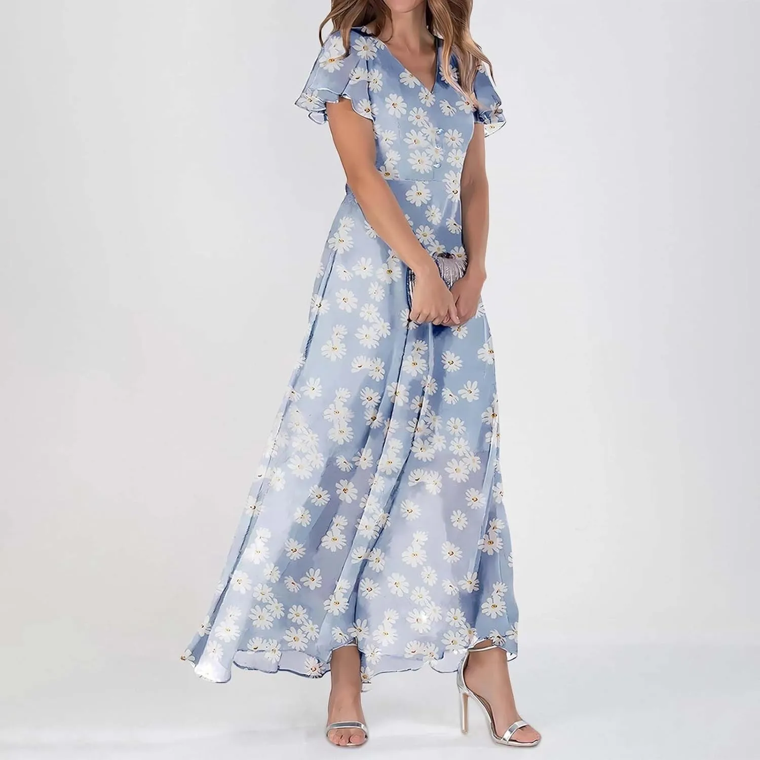 Neck Short Sleeved Long Dress Summer Dresses for Women Beach bifocal satellite with Sleeves Maxi Dresses for Women plus Size Floral V 