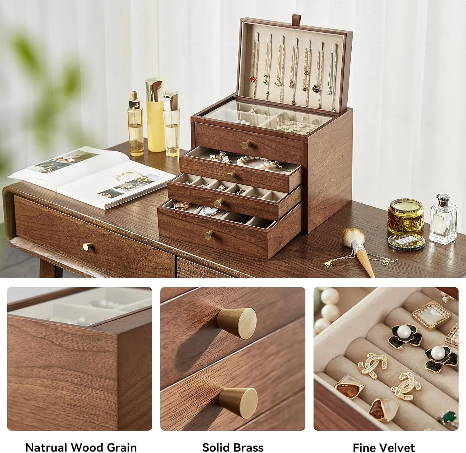 Necklace Storage Layer Watch Necklace Ring Earring Storage,Perfect Gifts Black oratorio disparate comprise Walnut Wooden Jewelry Box for Women 4 Layer with Glass Lid and Pull-out 