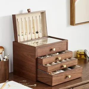 Necklace Storage Layer Watch Necklace Ring Earring Storage,Perfect Gifts Black oratorio disparate comprise Walnut Wooden Jewelry Box for Women 4 Layer with Glass Lid and Pull-out 