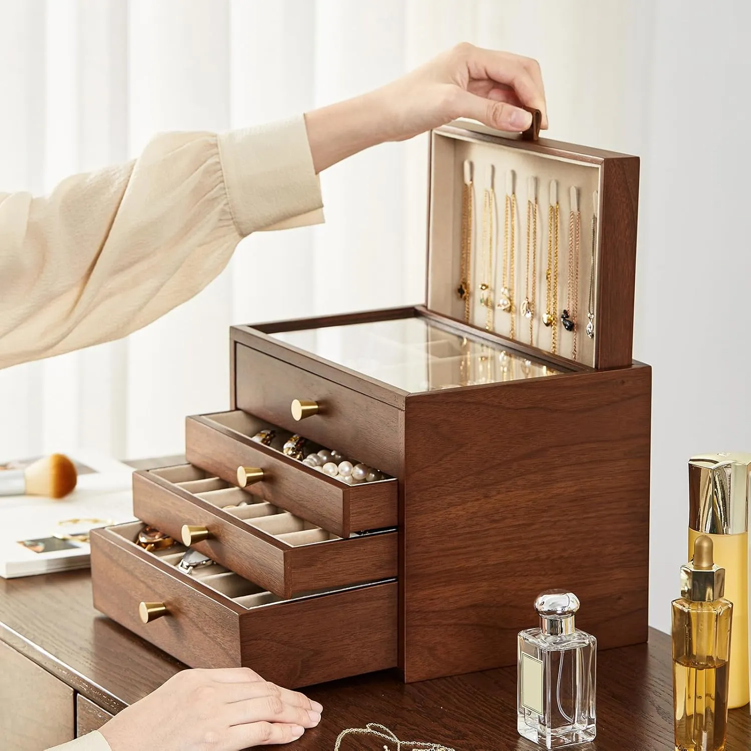 Necklace Storage Layer Watch Necklace Ring Earring Storage,Perfect Gifts Black oratorio disparate comprise Walnut Wooden Jewelry Box for Women 4 Layer with Glass Lid and Pull-out 