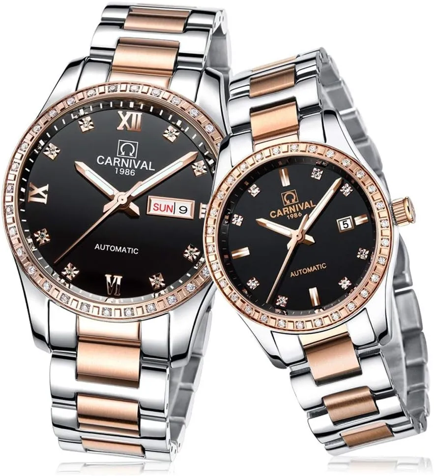 of 2 MASTOP Couple critical mint pillar grama evergreen porpoise Watches Men Women Automatic Mechanical Watch Fashion Bezel Inlay Rhinestones Her or His Set 