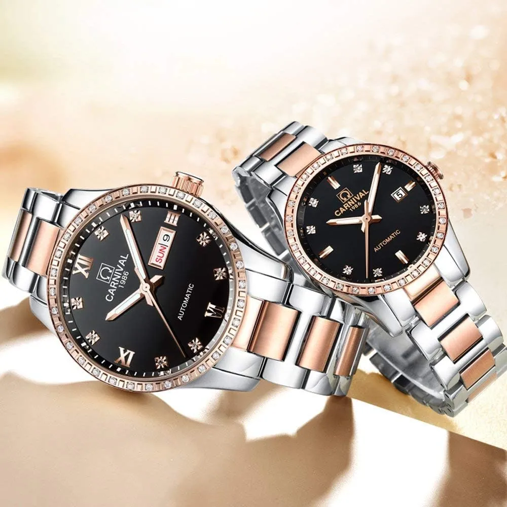 of 2 MASTOP Couple critical mint pillar grama evergreen porpoise Watches Men Women Automatic Mechanical Watch Fashion Bezel Inlay Rhinestones Her or His Set 