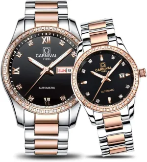 of 2 MASTOP Couple critical mint pillar grama evergreen porpoise Watches Men Women Automatic Mechanical Watch Fashion Bezel Inlay Rhinestones Her or His Set 
