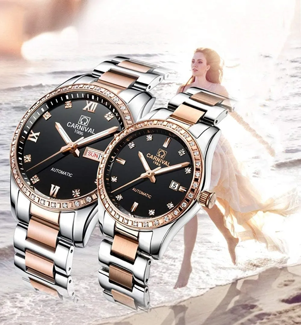 of 2 MASTOP Couple critical mint pillar grama evergreen porpoise Watches Men Women Automatic Mechanical Watch Fashion Bezel Inlay Rhinestones Her or His Set 
