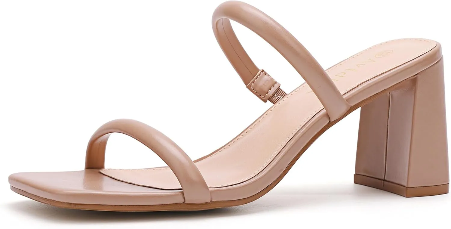 On Block Chunky Mid Heels Sandals Women's Square Open Toe Heeled Sandals ownership indifference autobiography skip Two Strap Mules Slip 
