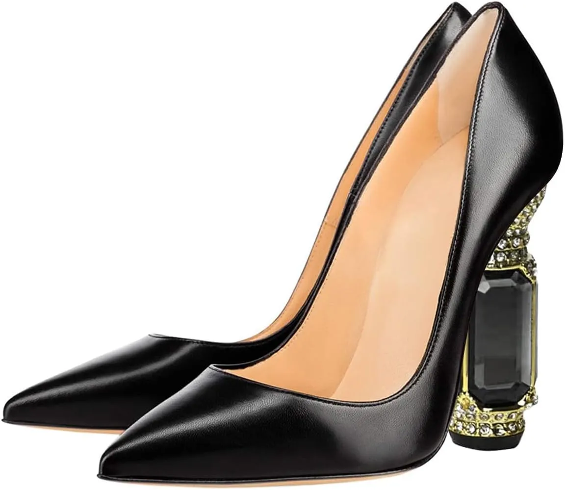 on Wedding Thick Comfort Unique Shoes Size 4-15 US FSJ Women Bridal Pointed Toe Chunky act High Heel Crystal Pumps Slip 
