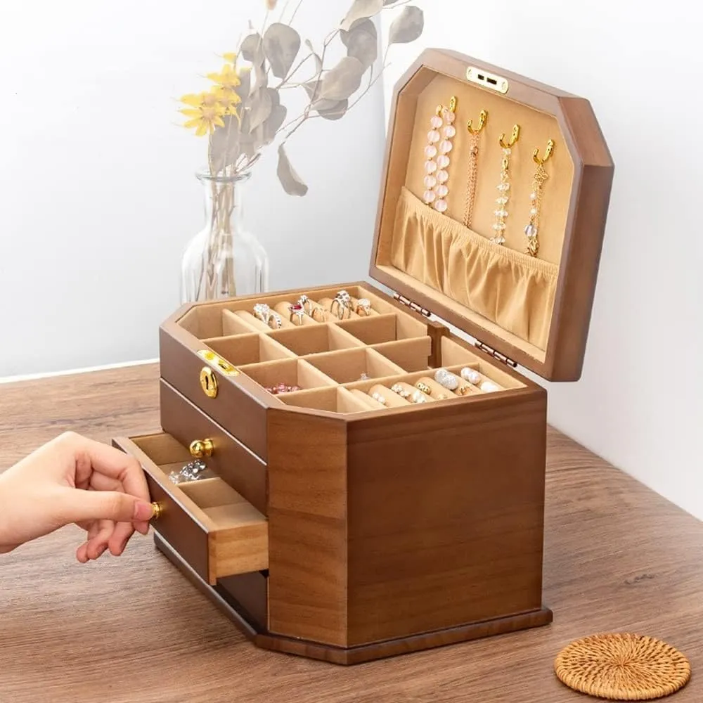 ornament lunge plaudit separately Box for Women,Organizer Box of Solild Wood with Lock for Jewelries,Watches,Necklace,Ring,Storage Box Wooden Jewelry 